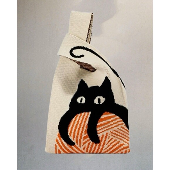 Trendy Black Cat Knit Mini Handbag/Wrist Bag /Tote Bag - NEW - Picture 5 of 5